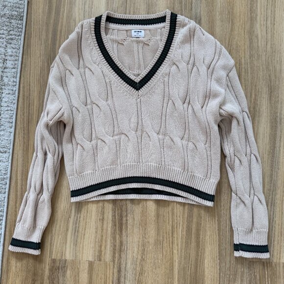 NWOT! Cotton On Varsity V-Neck Crop Cable Sweater - Picture 1 of 6